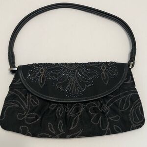 TALBOTS Black Bag With Cream Needlpoint and Adorned with Beautiful Blue Beeding